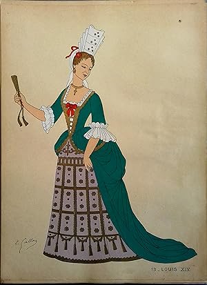 Costume de femme sous Louis XIV. Gravure en couleurs extraite du portfolio d'Emile Gallois : "Le ...