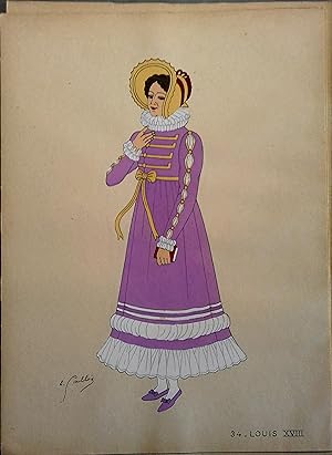 Costume de femme sous Louis XVIII. Gravure en couleurs extraite du portfolio d'Emile Gallois : "L...