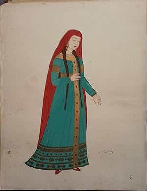 Costume de femme sous les Mérovingiens. Princesse, Ve siècle. Gravure en couleurs extraite du por...