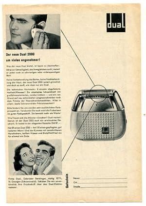 Bild des Verkufers fr Werbeanzeige: Dual 2000 Rasierer - 1959. zum Verkauf von Antiquariat Ralf Rindle