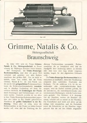 Werbeanzeige: Grimme, Natalis & Co. AG, Brauschweig. Trinks-Brunsviga-Rechenmaschinen,