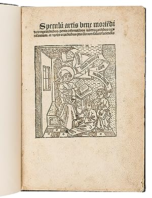 Immagine del venditore per Speculu[m] artis bene morie[n]di [= Ars moriendi].[Cologne, Heinrich Quentell, ca. 1493/97]. Small (Chancery) 4to (20.5 x 14.5 cm). With a large woodcut (10.0 x 8.8 cm) on the title-page: depicting a teacher (Pope Gregory the Great ca. 600 CE, declared a saint in 1295) with a dove on his shoulder (his attribute), seated behind a lectern with an open book, instructing two of his pupils, seated before him, each with a book in his hands.Recent marbled paper over boards by the Geneva bookbinder Jean-Luc Honegger (b. 1953) who set up his atelier ca. 1978 (signed with his "honegger" stamp in blue ink at the foot of the back paste-down), sewn on 3 recessed supports, the marbled paper in an antique spot pattern (see Wolfe 162-163) with black spots on unusually fine-grained grey Stormont spots and with veins in red, turquoise, orange, dark blue and white, black morocco spine label with the title in gold roman capitals, reading up the spine. venduto da ASHER Rare Books