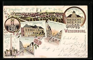 Lithographie Weissenburg, château Geisberg, Hauptstrasse et Mitteltor, Hôtel de Ville