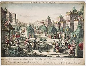 Bild des Verkufers fr La Ville de Jerusalem, come les Juifs y tenoient tous les ans la Fete des Tabernacles , Die Stadt Jerusalem, wie darinen von den Juden das Laubhtten Fest gehalten worden  zum Verkauf von Librairie Voyage et Exploration