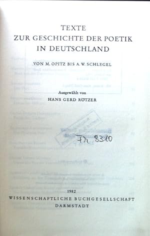 Bild des Verkufers fr Texte zur Geschichte der Poetik in Deutschland. zum Verkauf von books4less (Versandantiquariat Petra Gros GmbH & Co. KG)