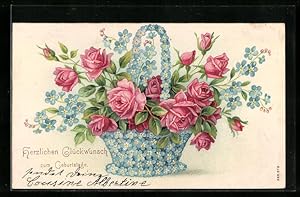 Bild des Verkufers fr Prge-Ansichtskarte Herzlichen Glckwunsch zum Geburtstag, Rosen in einem Korb aus blauen Blten zum Verkauf von Bartko-Reher