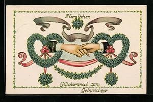 Bild des Verkufers fr Ansichtskarte Herzlichen Glckwunsch zum Geburtstag, Hndchenhaltend durch Krnze aus Herzen, Blumenbild zum Verkauf von Bartko-Reher