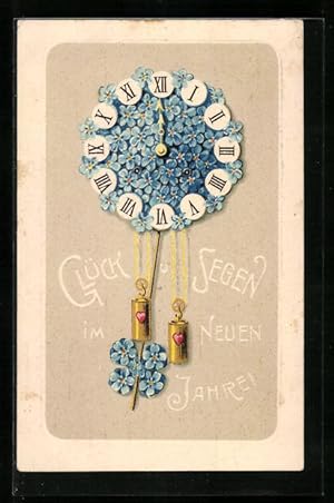 Präge-Ansichtskarte Neujahreswünsche, Uhr aus Blüten schlägt um Mitternacht