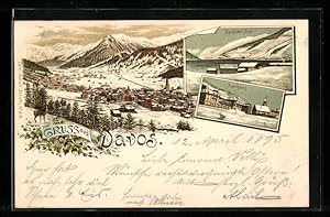 Vorläufer-Lithographie Davos, 1895, Gesamtansicht, Kurhaus, Davoser See