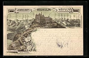 Vorläufer-Lithographie Rigi-Kulm, 1895, Schreiber`s Hotel`s Rigi-Staffel, Panorama