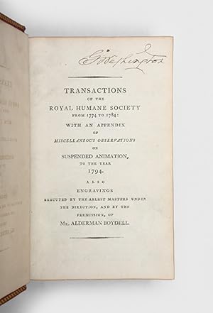 Image du vendeur pour Transactions of the Royal Humane Society from 1774 to 1784: With an Appendix of Miscellaneous Observations on Suspended Animation, to the Year 1794. mis en vente par Peter Harrington.  ABA/ ILAB.