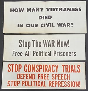 [Three signs opposing the Vietnam War and calling for freedom for political prisoners]