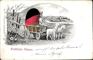 Ansichtskarte / Postkarte Glückwunsch Ostern, Lämmer ziehen Kutsche mit Ei und Hase