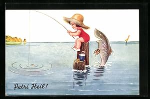 Bild des Verkufers fr Knstler-Ansichtskarte Petri Heil!, Stattlicher Fisch guckt dem Mdchen ber die Schulter zum Verkauf von Bartko-Reher