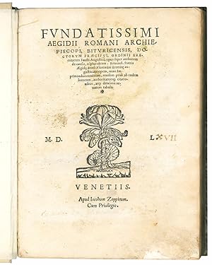 Bild des Verkufers fr Fundatissimi Aegidii Romani Archiepiscopi, Bituricensis, [.] Opus super authorem de causis, Alpharabium. Reveren. fratris Aegidij Bonsi Florentini Eremitae augustiniani opera, nunc imprimendum traditum, revisum prius ad eodem locorum, authoritatumque citationibus, atque ditissima ornatum tabula zum Verkauf von Libreria Alberto Govi di F. Govi Sas