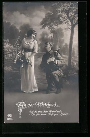 Bild des Verkufers fr Foto-Ansichtskarte EAS Nr.2279 /5: An der Weichsel, Soldat kniet vor seiner Angebeteten nieder zum Verkauf von Bartko-Reher