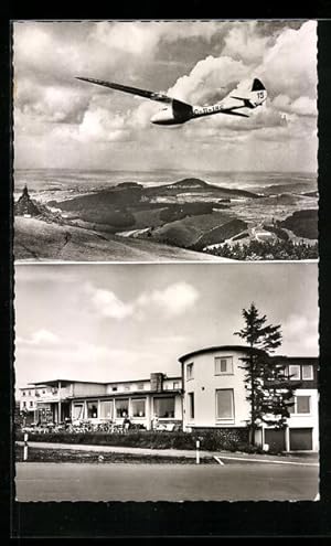 Seller image for Ansichtskarte Wasserkuppe a. Rhn, Segelflugzeug mit Landschaftspanorama, Gasthof und Hotel Peterchens Mondfahrt for sale by Bartko-Reher