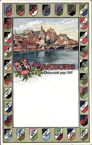 Studentika Ansichtskarte / Postkarte Marburg an der Lahn, Stadtansicht, Verbindungswappen