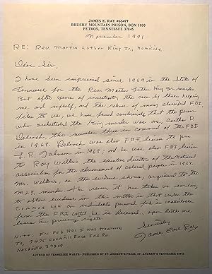 Immagine del venditore per [Martin Luther King, Jr.] James Earl Ray Autograph Letter Signed Plus Signed Copy of "Tennessee Waltz" by James Earl Ray Letter on Ray's Brushy Mountain Prison Letterhead, but From Tennessee State Penitentiary, Nashville, November 1991 venduto da Stellar Books & Ephemera, ABAA