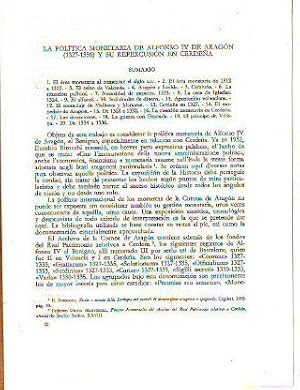 Imagen del vendedor de LA POLITICA MONETARIA DE ALFONSO IV DE ARAGON (1327-1336) Y SU REPERCUSION EN CERDEA. a la venta por Libros Ambig