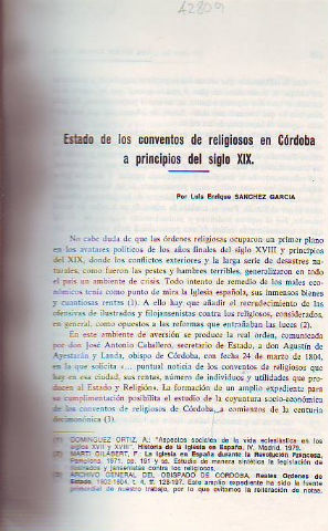 Seller image for ESTADO DE LOS CONVENTOS DE RELIGIOSOS EN CORDOBA A PRINCIPIOS DEL SIGLO XIX. for sale by Libros Ambig