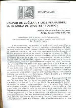 Imagen del vendedor de GASPAR DE CUELLAR Y LUIS FERNANDEZ, EL RETABLO DE ERUSTES (TOLEDO). a la venta por Libros Ambig