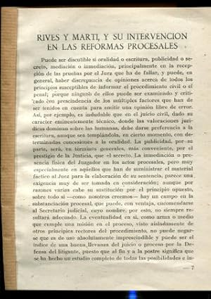 Imagen del vendedor de RIVES Y MARTI, SU INTERVENCION EN LAS REFORMAS PROCESALES. a la venta por Libros Ambig