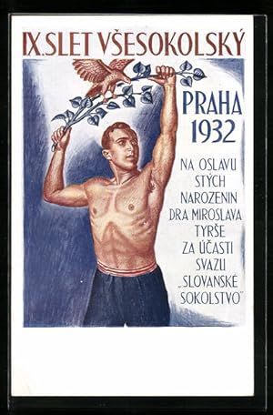 Ansichtskarte Prag, IX. Slet Vsesokolsky v Praze 1932, Sokol, Sportler mit Sieges-Lorbeer