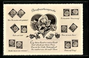 Bild des Verkufers fr Ansichtskarte Briefmarkensprache mit Rosen und Liebesgedicht zum Verkauf von Bartko-Reher