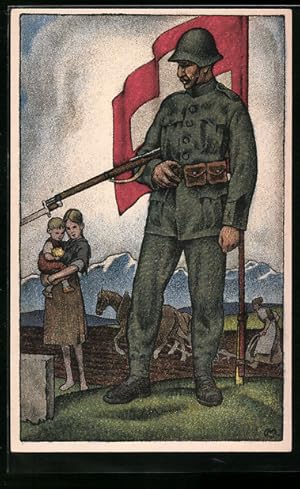 Ansichtskarte Soldat behütet schweizer Bauernfamilie