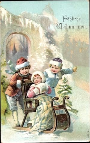 Ansichtskarte / Postkarte Frohe Weihnachten, Kinder auf einem Schlitten, Winter, Schnee