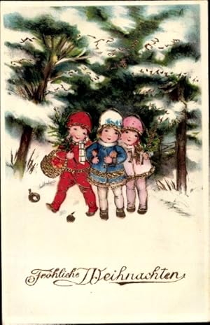 Glitzer Ansichtskarte / Postkarte Glückwunsch Weihnachten, Kinder im Wald, Tannenzweige