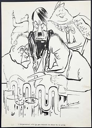 Seller image for Preparez-moi vite un gaz donnant le desir de la paix." - Adolf Hitler Hermann Gring / Hitler commissions German chemists to create a gas that awakens the desire for peace. / caricature Karikatur / Nationalsozialismus / Third Reich Drittes Reich / Nazismus Nazism Nazisme / drawing dessin Zeichnung for sale by Antiquariat Steffen Vlkel GmbH