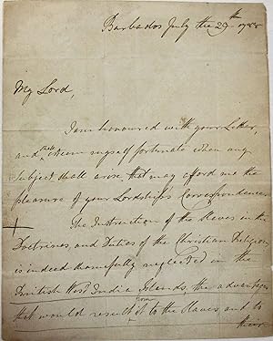 AUTOGRAPH LETTER SIGNED, 29 JULY 1788, FROM THE GOVERNOR OF BARBADOS, DAVID PARRY, TO THE LORD BI...