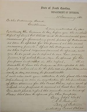 AUTOGRAPH LETTER, SIGNED 11 JANUARY 1861, ON STATIONERY OF THE STATE OF SOUTH CAROLINA, DEPARTMEN...