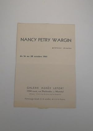 Nancy Petry Wargin. Peintures récentes, du 16 au 28 octobre 1961 (Carton d'invitation)