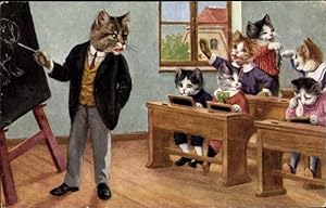 Künstler Ansichtskarte / Postkarte Katzenschule, vermenschlichte Katzen in der Schule, Lehrer
