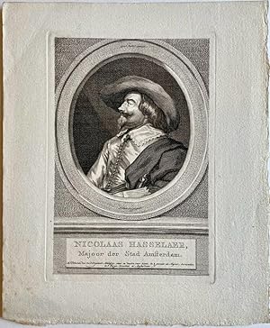 Original print, ca 1796 I Portret van Nicolaas Hasselaer, majoor der stad Amsterdam, door Houbrak...
