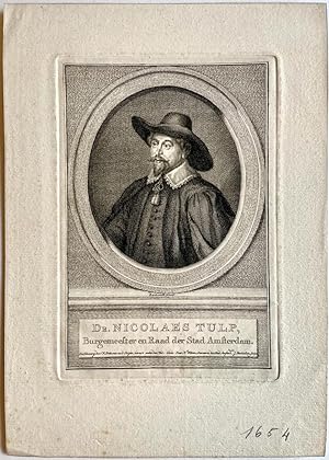Original print, ca 1760 I Portret van Nicolaes Tulp, dokter en burgemeester der stad Amsterdam, d...