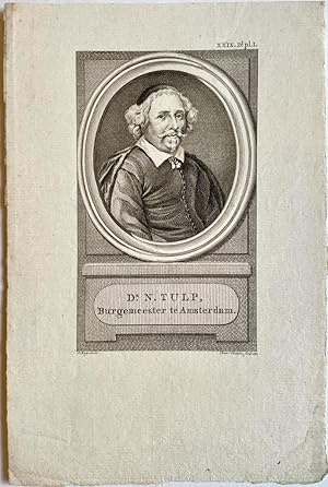 Original print, ca 1793 I Portret van Nicolaes Tulp (1593-1674), dokter en burgemeester der stad ...