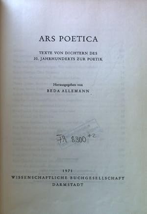 Bild des Verkufers fr Ars Poetica. Texte von Dichtern des 20. Jahrhunderts zur Poetik. zum Verkauf von books4less (Versandantiquariat Petra Gros GmbH & Co. KG)