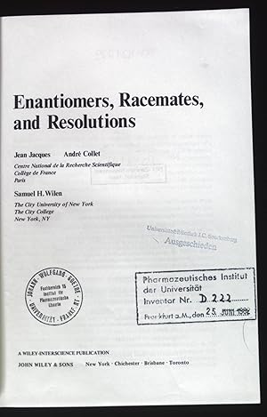 Image du vendeur pour Enantiomers, Racemates and Resolutions. mis en vente par books4less (Versandantiquariat Petra Gros GmbH & Co. KG)