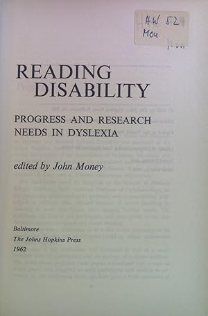 Bild des Verkufers fr Reading Disability: Progress and Research Needs in Dyslexia. zum Verkauf von books4less (Versandantiquariat Petra Gros GmbH & Co. KG)
