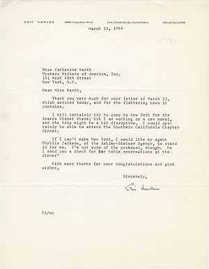 Imagen del vendedor de Original ribbon typescript copy letter signed from Eric Ambler to the Mystery Writers of America, 1964 a la venta por Royal Books, Inc., ABAA