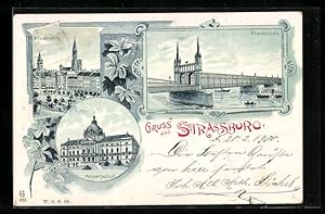 Lithographie Strassburg, Kleberplatz, Rheinbrücke et Kaiserpalast