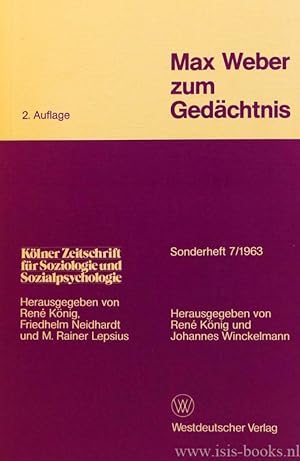 Seller image for Max Weber zum Gedchtenis. Materalien und Dokumente zur Bewertung von Werk und Persnlichkeit. for sale by Antiquariaat Isis