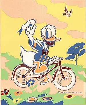 DONALD DUCK WALKING TO SCHOOL and DONALD DUCK RIDING A BICYCLE [Pair of Donald Duck Pochoir Prints]