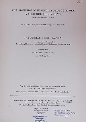 Bild des Verkufers fr Zur Morphologie und Hydrologie der Valle del Lucomagno. Separatdruck der  Beitrge zur Geologie der Schweiz   Hydrologie", Nr. 12 zum Verkauf von Antiquariat Bookfarm