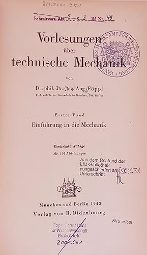 Bild des Verkufers fr Vorlesungen ber technische Mechanik. Erster Band: Einfuhrung in die Mechanik zum Verkauf von Antiquariat Bookfarm