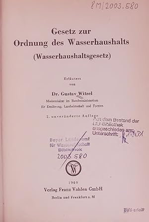 Bild des Verkufers fr Gesetz zur Ordnung des Wasserhaushalts (Wasserhaushaltsgesetz). 2. unvernderte Auflage zum Verkauf von Antiquariat Bookfarm